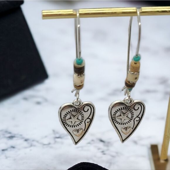Engraved Heart Silver Dangle Earrings Turquoise Beaded Western Boho Jewelry NWT - Picture 6 of 6
